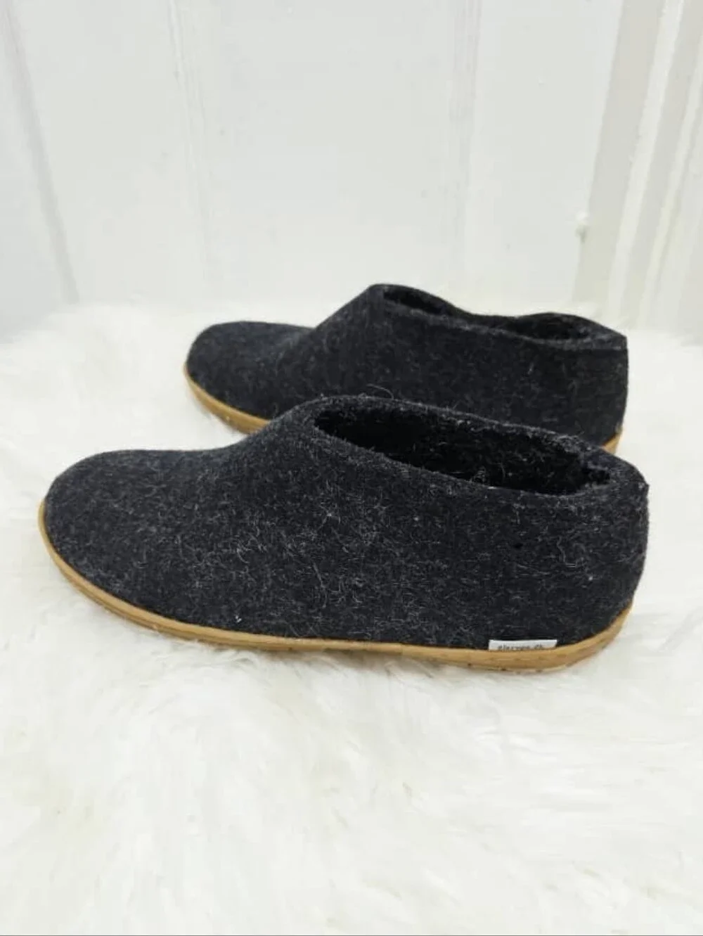 Glerups Charcoal 100% Wool Slip-On Mule Clog Honey Rubber Sole Unisex Sz 6 Eur37